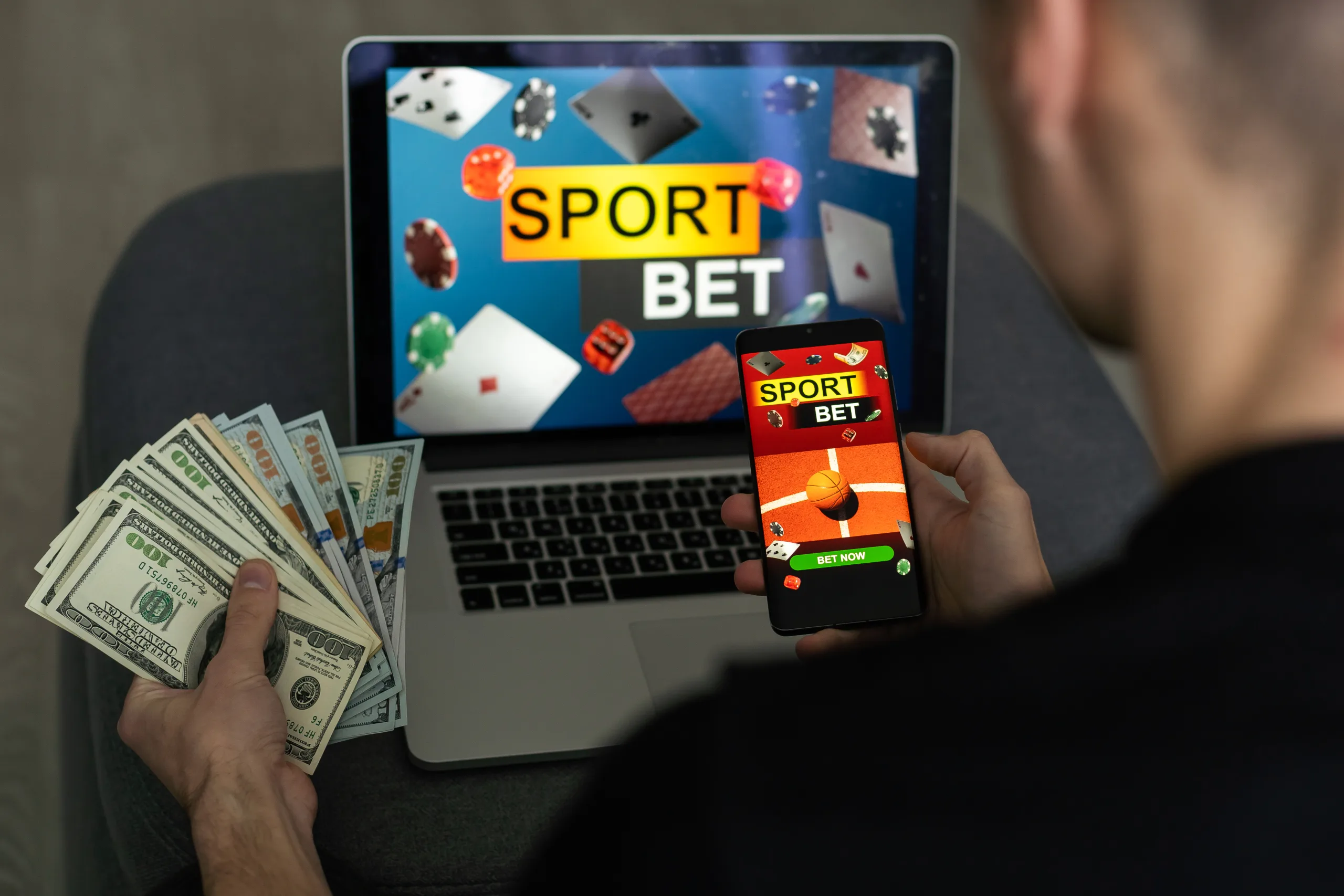 Lucky man celebrating money win. bookmaker's website.